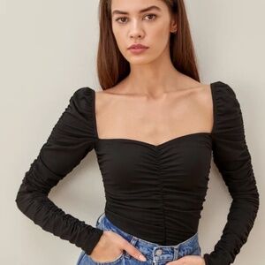 Reformation Esra Black Ruched Long Sleeve Top